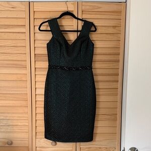 Pamella Roland Black Glitter Sheath Dress with Beaded Waist